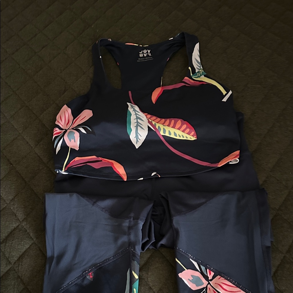 JoyLab Floral Sports Bra and Leggings Set - Black and Multicolor